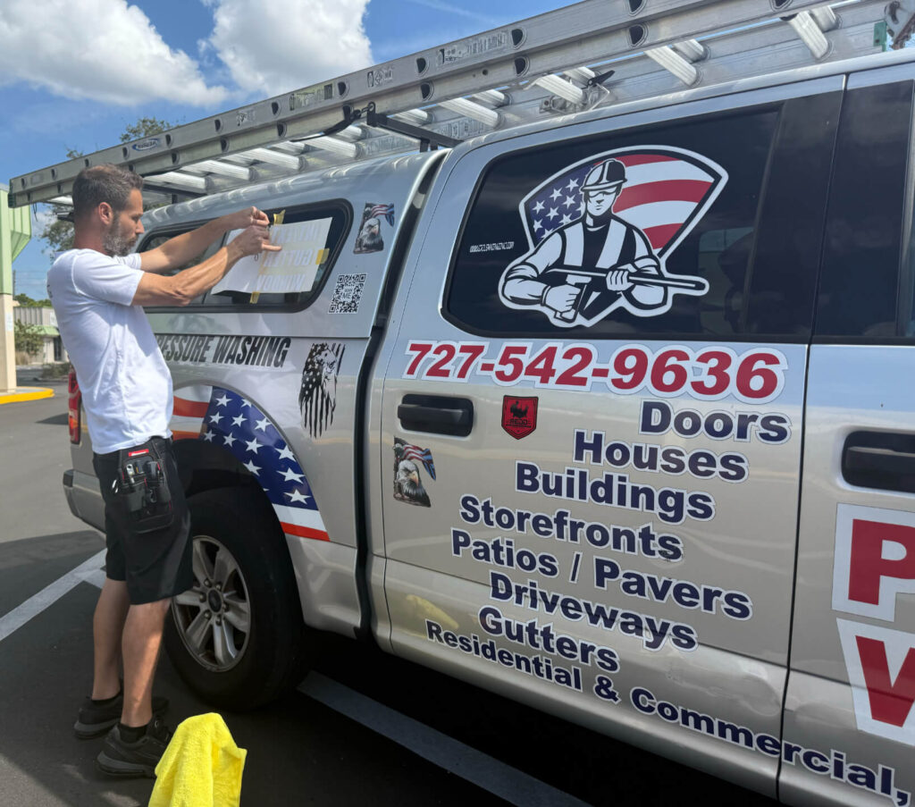 Van with printed vinyl sticker